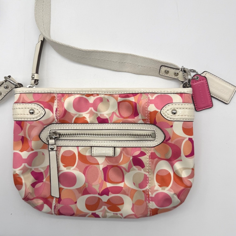 Coach Crossbody Bag Womens Small Pink Orange Optic C Logo Satin Patent Leather